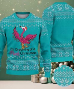 Teal Ugly Christmas Sweater with White Snowflake Pattern Featuring Pink Flamingo