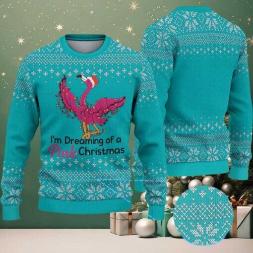 Teal Ugly Christmas Sweater with White Snowflake Pattern Featuring Pink Flamingo