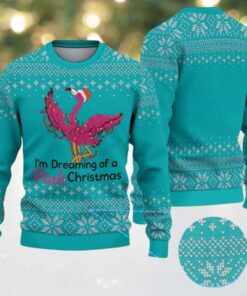 Teal Ugly Christmas Sweater with White Snowflake Pattern Featuring Pink Flamingo