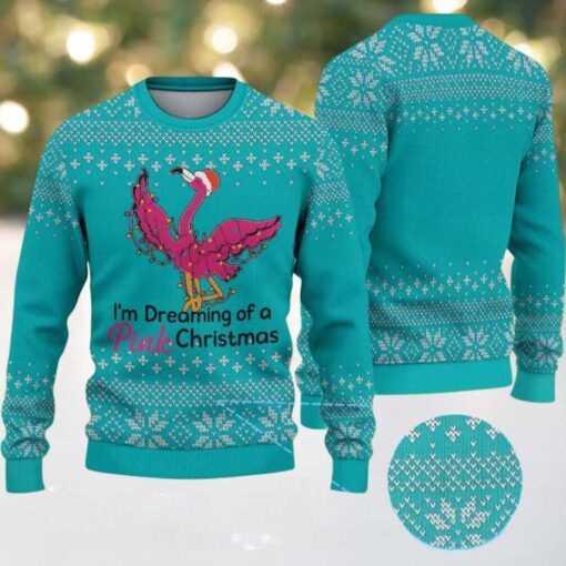Teal Ugly Christmas Sweater with White Snowflake Pattern Featuring Pink Flamingo