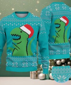 Teal Ugly Christmas Sweater with White Snowflake Pattern Featuring Santa Dinosaur