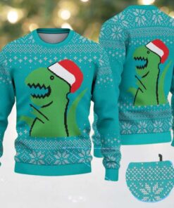 Teal Ugly Christmas Sweater with White Snowflake Pattern Featuring Santa Dinosaur