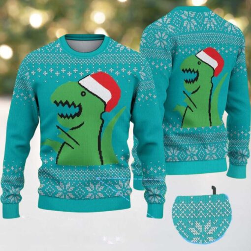 Teal Ugly Christmas Sweater with White Snowflake Pattern Featuring Santa Dinosaur