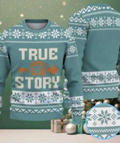 Teal & White “True Story” Nativity Scene Snowflake Pattern – Vintage Ugly Christmas Sweater