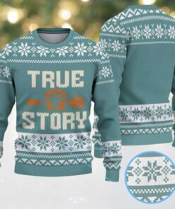 Teal & White “True Story” Nativity Scene Snowflake Pattern – Vintage Ugly Christmas Sweater