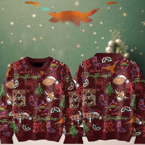 Texas Longhorns Merry 2024 Christmas Hook ‘Em Horn Neon Sign Ugly Sweater