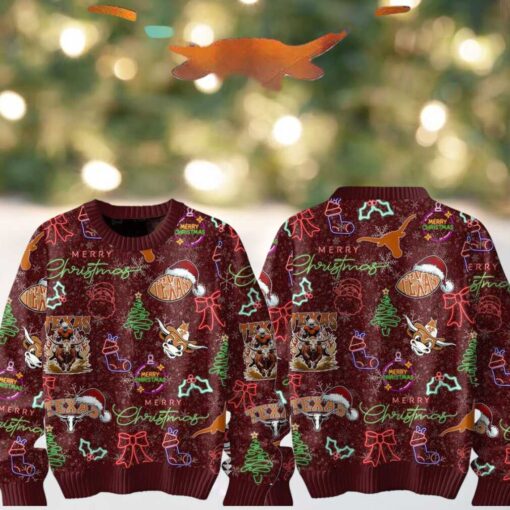 Texas Longhorns Merry 2024 Christmas Hook ‘Em Horn Neon Sign Ugly Sweater
