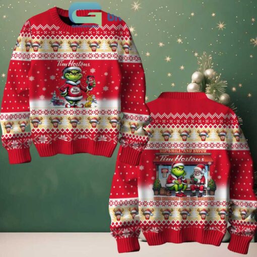Tim Horton’s Sip Smile And Savor With The Grinch Christmas Ugly Sweater