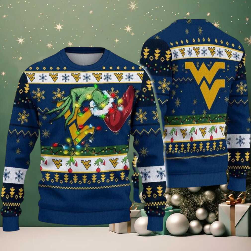 West Virginia Mountaineers Merry Christmas Grinch Hand NCAA Ugly Christmas Sweater West Virginia Mountaineers Merry Christmas Grinch Hand NCAA Ugly Christmas Sweater