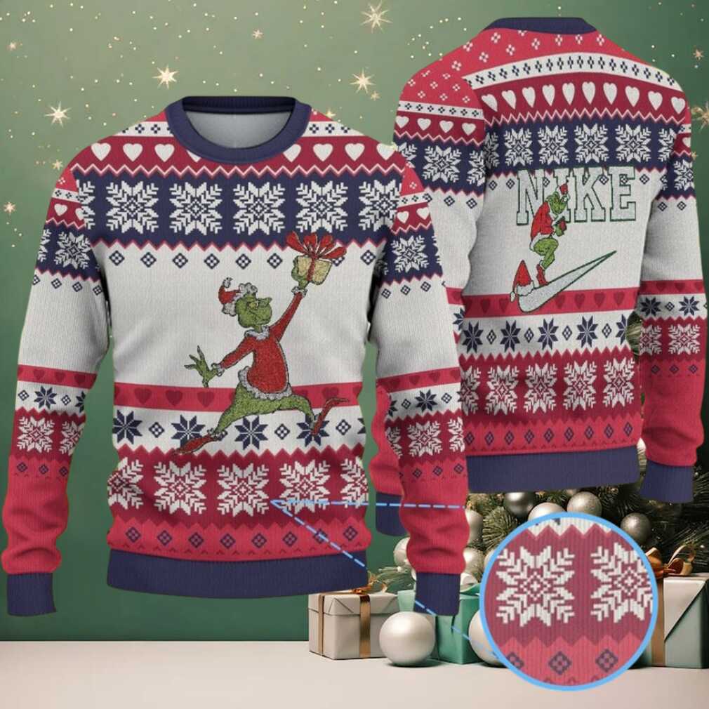 White, Red & Navy Blue Snowflake Pattern Grinch Gift Nike Logo Ugly Christmas Sweater White, Red & Navy Blue Snowflake Pattern Grinch Gift Nike Logo Ugly Christmas Sweater