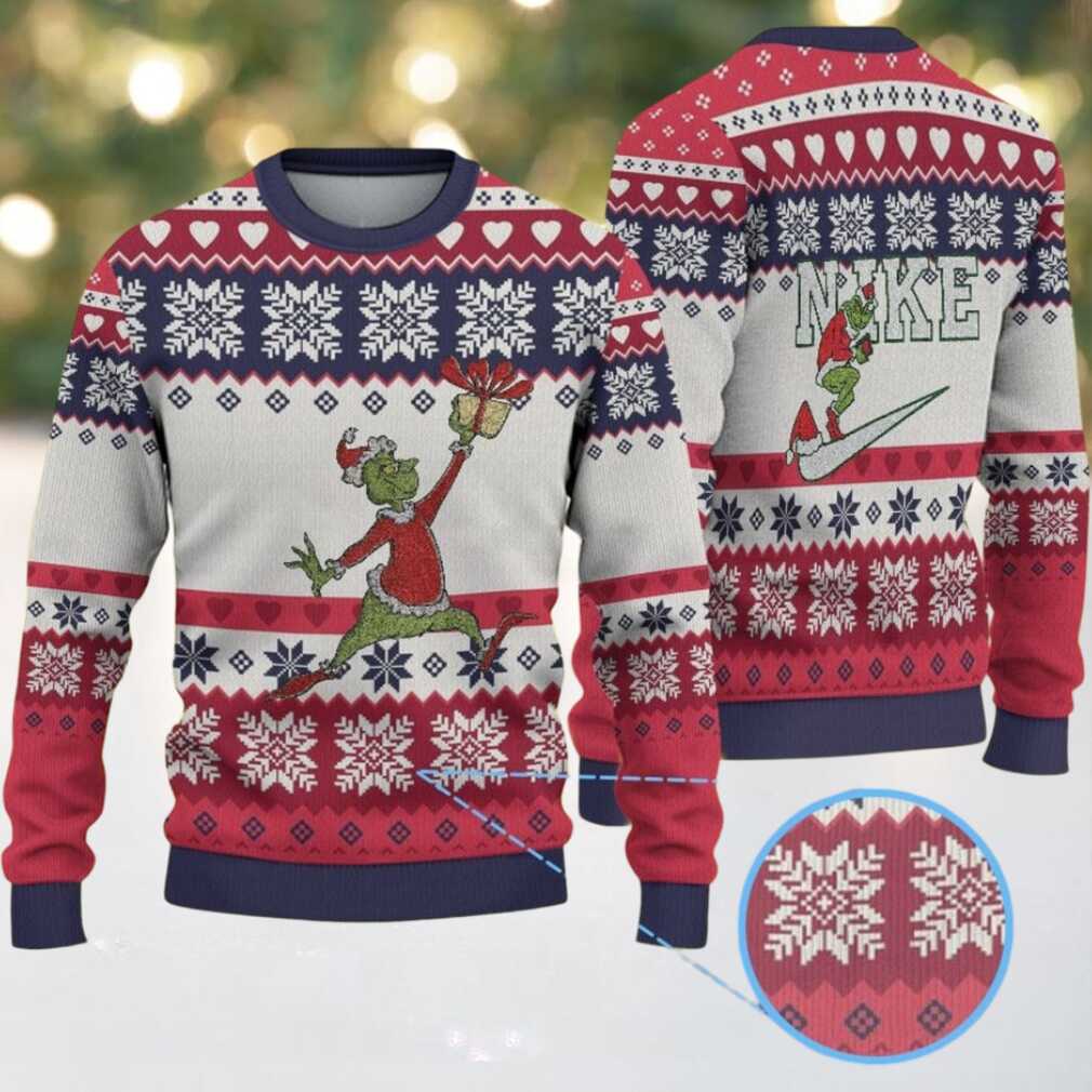 White, Red & Navy Blue Snowflake Pattern Grinch Gift Nike Logo Ugly Christmas Sweater White, Red & Navy Blue Snowflake Pattern Grinch Gift Nike Logo Ugly Christmas Sweater