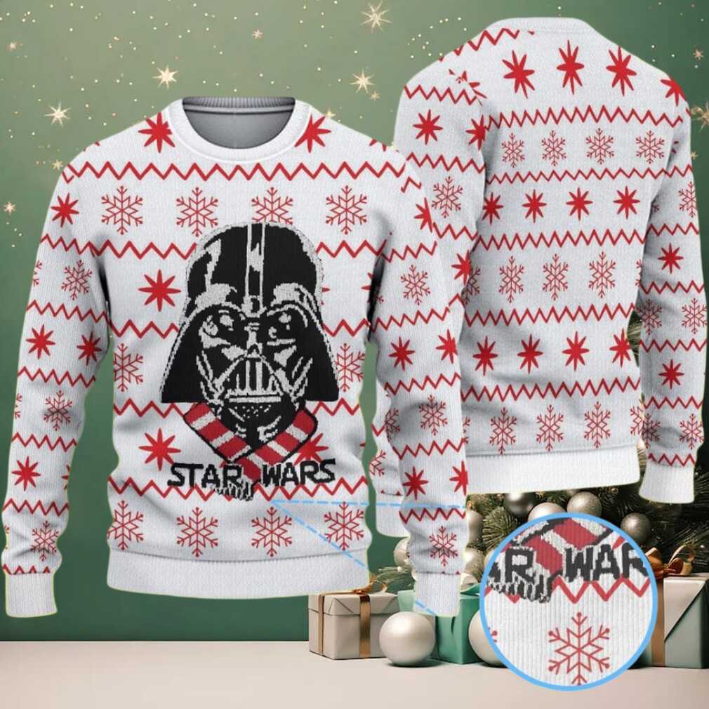 White Red Snowflake Pattern Darth Vader Star Wars Ugly Christmas Sweater, hoodie, sweater, long sleeve and tank top White Red Snowflake Pattern Darth Vader Star Wars Ugly Christmas Sweater - Front View with intricate snowflake and Darth Vader design