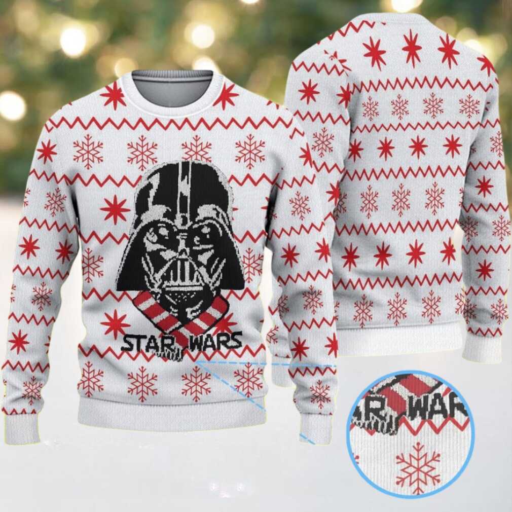White Red Snowflake Pattern Darth Vader Star Wars Ugly Christmas Sweater, hoodie, sweater, long sleeve and tank top White Red Snowflake Pattern Darth Vader Star Wars Ugly Christmas Sweater - Back View showcasing more design details