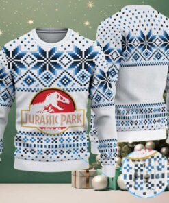 White Ugly Christmas Sweater with Blue Geometric Snowflake Pattern Featuring Jurassic Park Dinosaur Logo