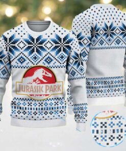 White Ugly Christmas Sweater with Blue Geometric Snowflake Pattern Featuring Jurassic Park Dinosaur Logo