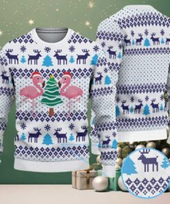 White Ugly Christmas Sweater with Blue Reindeer and Snowflake Pattern Featuring Pink Flamingos and Christmas Tree
