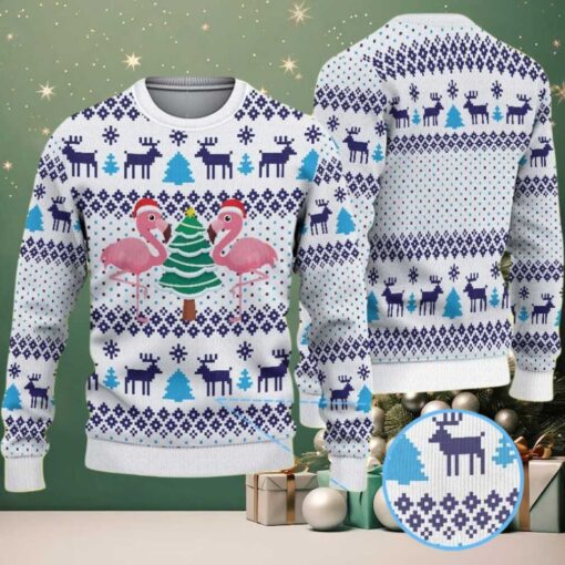 White Ugly Christmas Sweater with Blue Reindeer and Snowflake Pattern Featuring Pink Flamingos and Christmas Tree