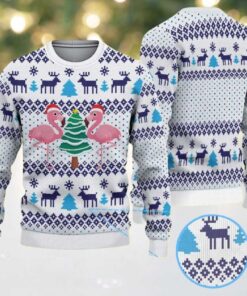 White Ugly Christmas Sweater with Blue Reindeer and Snowflake Pattern Featuring Pink Flamingos and Christmas Tree