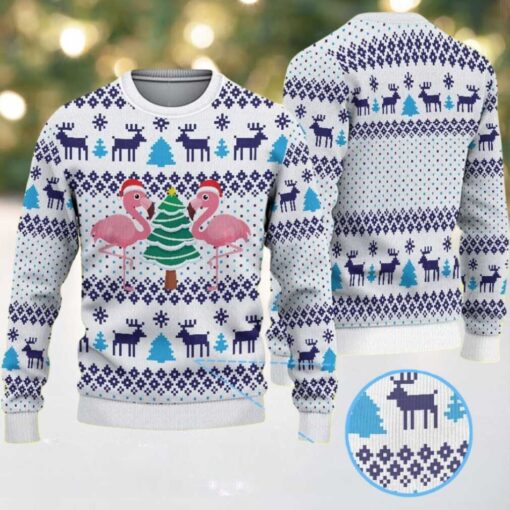 White Ugly Christmas Sweater with Blue Reindeer and Snowflake Pattern Featuring Pink Flamingos and Christmas Tree