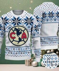 White Ugly Christmas Sweater with Blue Snowflake Pattern Featuring Club América Logo