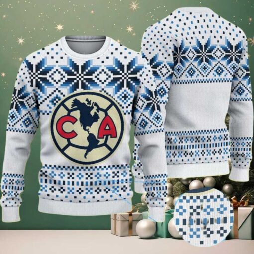 White Ugly Christmas Sweater with Blue Snowflake Pattern Featuring Club América Logo