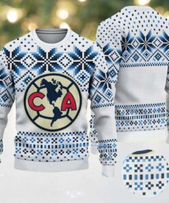 White Ugly Christmas Sweater with Blue Snowflake Pattern Featuring Club América Logo