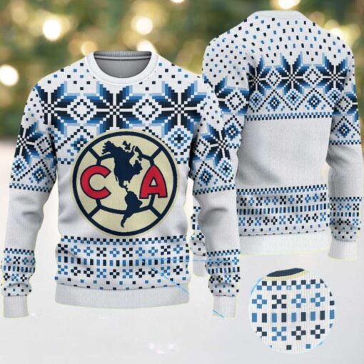 White Ugly Christmas Sweater with Blue Snowflake Pattern Featuring Club América Logo