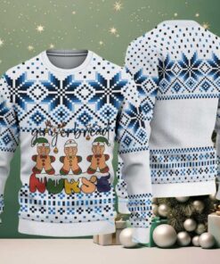 White Ugly Christmas Sweater with Blue Snowflake Pattern Featuring Gingerbread Nurse