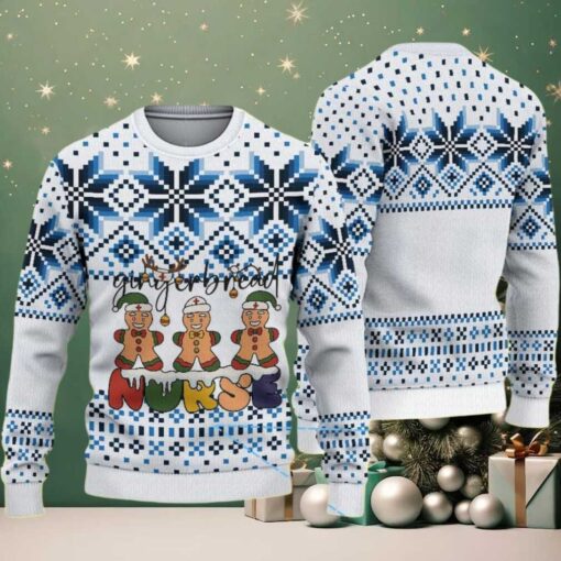 White Ugly Christmas Sweater with Blue Snowflake Pattern Featuring Gingerbread Nurse