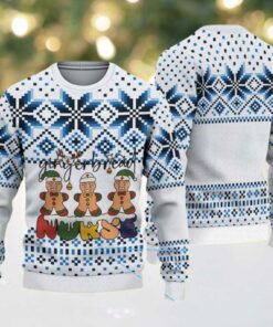 White Ugly Christmas Sweater with Blue Snowflake Pattern Featuring Gingerbread Nurse