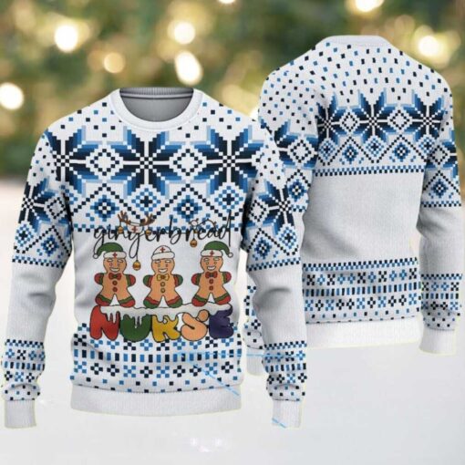 White Ugly Christmas Sweater with Blue Snowflake Pattern Featuring Gingerbread Nurse
