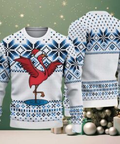 White Ugly Christmas Sweater with Blue Snowflake Pattern Featuring Red Flamingo