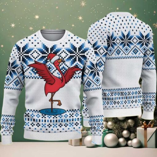 White Ugly Christmas Sweater with Blue Snowflake Pattern Featuring Red Flamingo