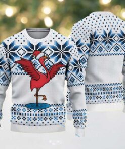 White Ugly Christmas Sweater with Blue Snowflake Pattern Featuring Red Flamingo