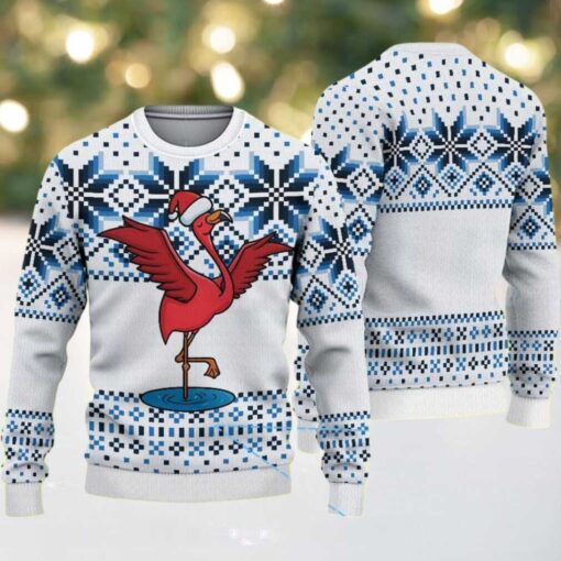 White Ugly Christmas Sweater with Blue Snowflake Pattern Featuring Red Flamingo