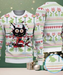 White Ugly Christmas Sweater with Green Frog and Red Heart Pattern Featuring Funny Nurse Character with Santa Hat and Medical