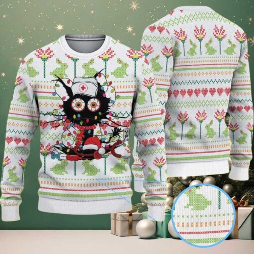White Ugly Christmas Sweater with Green Frog and Red Heart Pattern Featuring Funny Nurse Character with Santa Hat and Medical