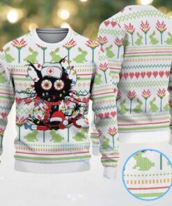 White Ugly Christmas Sweater with Green Frog and Red Heart Pattern Featuring Funny Nurse Character with Santa Hat and Medical