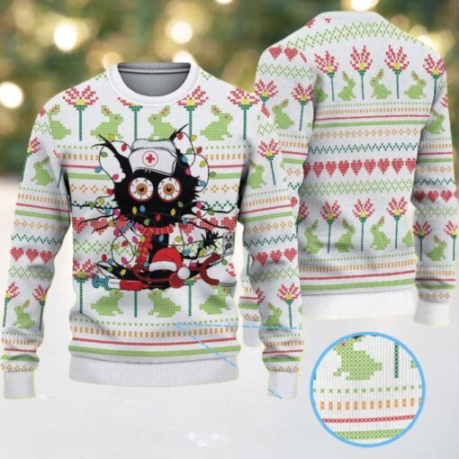 White Ugly Christmas Sweater with Green Frog and Red Heart Pattern Featuring Funny Nurse Character with Santa Hat and Medical