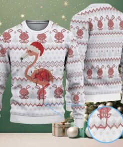 White Ugly Christmas Sweater with Red Reindeer Pattern Featuring Pink Flamingo in Santa Hat