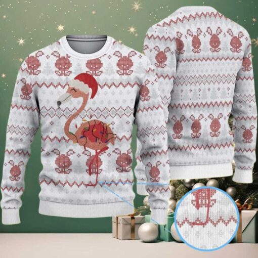 White Ugly Christmas Sweater with Red Reindeer Pattern Featuring Pink Flamingo in Santa Hat
