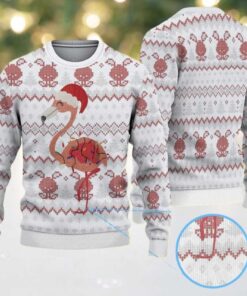White Ugly Christmas Sweater with Red Reindeer Pattern Featuring Pink Flamingo in Santa Hat