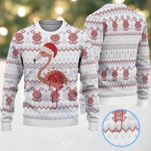 White Ugly Christmas Sweater with Red Reindeer Pattern Featuring Pink Flamingo in Santa Hat