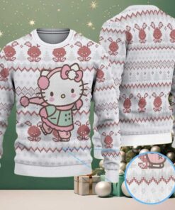 White Ugly Christmas Sweater with Red Reindeer and Diamond Pattern Featuring Hello Kitty Ice Skating in Winter Outfit