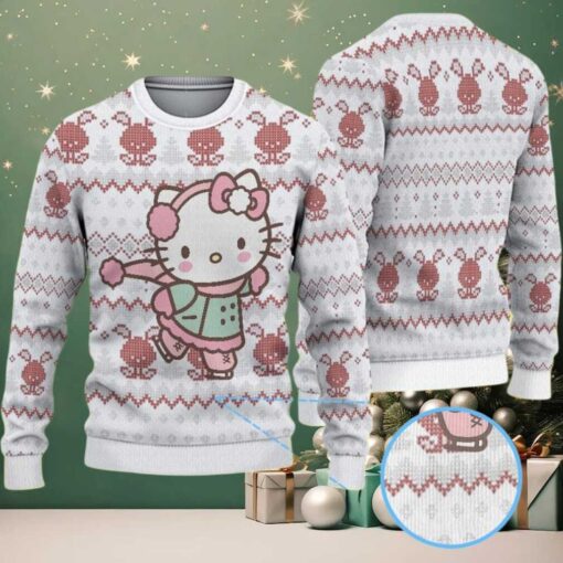 White Ugly Christmas Sweater with Red Reindeer and Diamond Pattern Featuring Hello Kitty Ice Skating in Winter Outfit