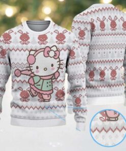 White Ugly Christmas Sweater with Red Reindeer and Diamond Pattern Featuring Hello Kitty Ice Skating in Winter Outfit