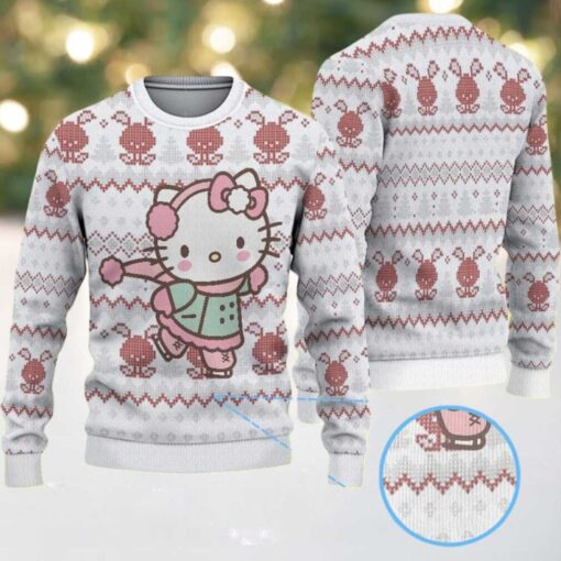 White Ugly Christmas Sweater with Red Reindeer and Diamond Pattern Featuring Hello Kitty Ice Skating in Winter Outfit