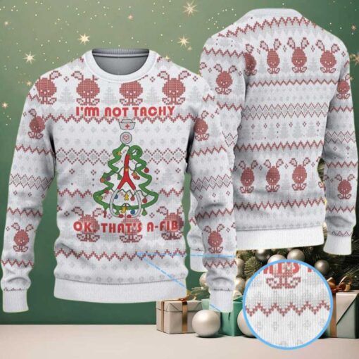 White Ugly Christmas Sweater with Red Reindeer and Snowflake Pattern Featuring Nurse Heartbeat Atrial Fibrillation Tree