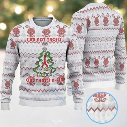 White Ugly Christmas Sweater with Red Reindeer and Snowflake Pattern Featuring Nurse Heartbeat Atrial Fibrillation Tree