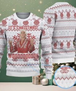 White Ugly Christmas Sweater with Red Snowflake Pattern Featuring Chivas Christmas Character
